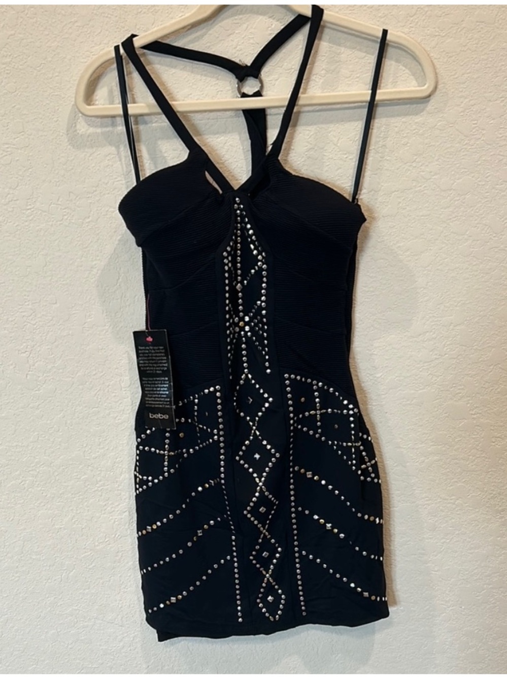 bebe Black Studded Mini Dress with Strappy Back